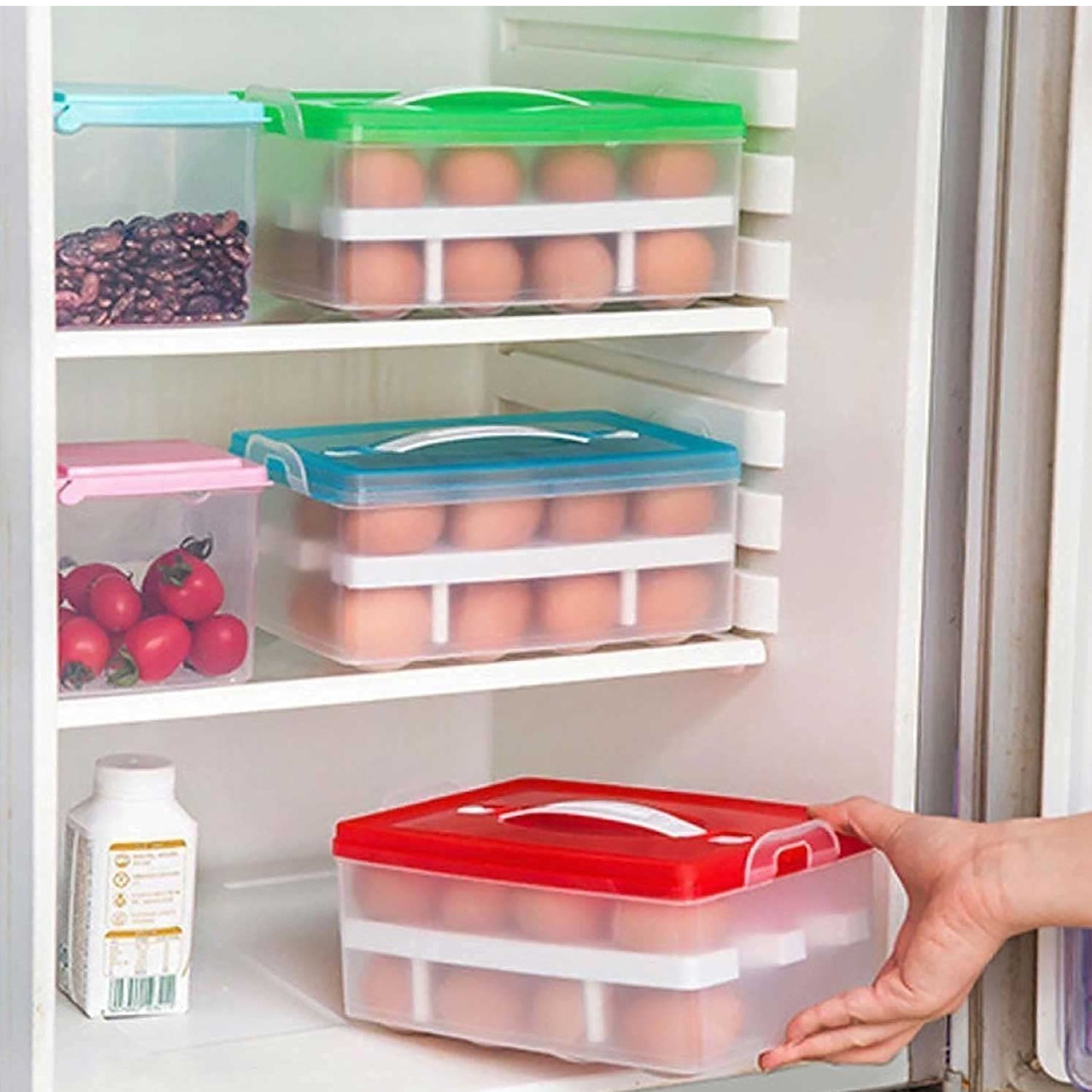 2Layer, 32 Grid Egg Tray with Lid Egg Carrier Holder for Refrigerator, Camping Food Storage Container with Handle (1 Pc ) 2Layer, 32 Grid Egg Tray with Lid Egg Carrier Holder for Refrigerator, Camping Food Storage Container with Handle (1 Pc )